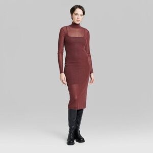 Wild Fable Long Sleeve Lurex Mesh Midi Dress Medium Burgundy Red Bodycon